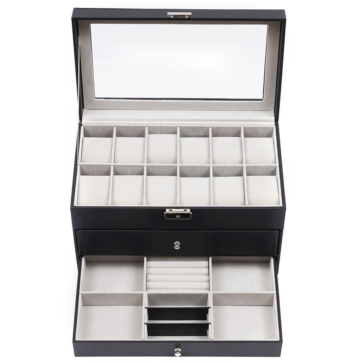 Black watch box with a glass top, 12 compartments, and two open drawers for jewelry storage.