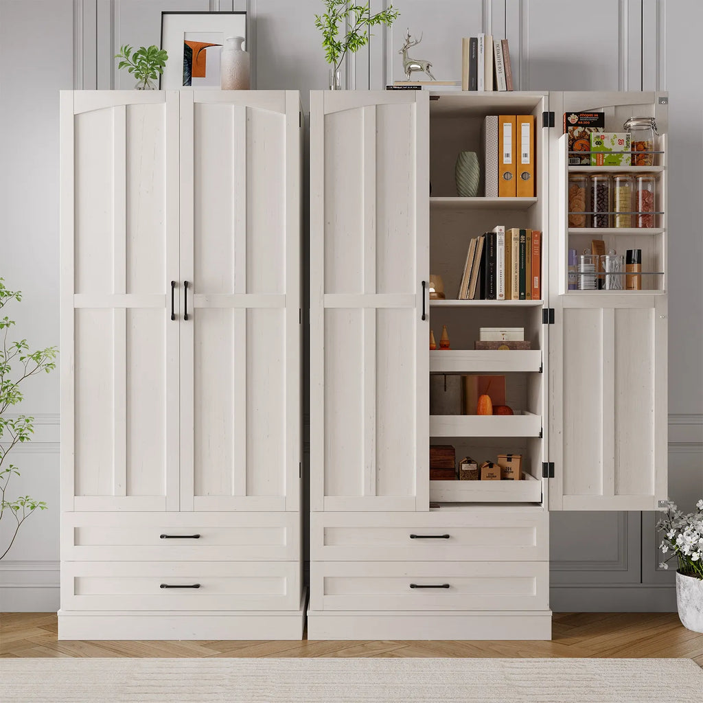 Side-by-side view of two white farmhouse kitchen pantry cabinets with open doors displaying interior storage shelves