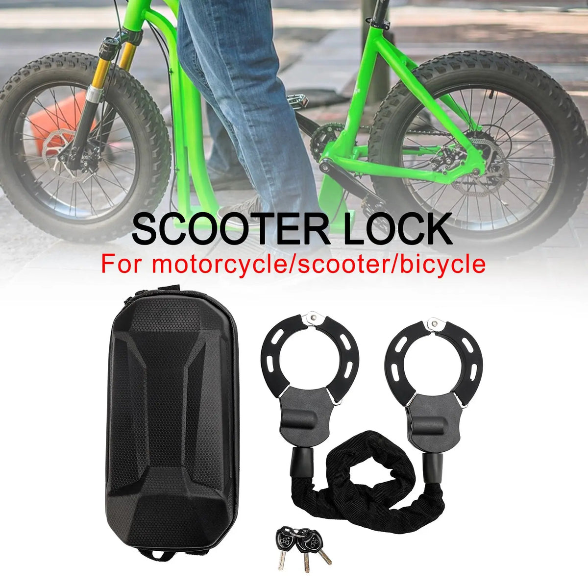 A black storage bag and a heavy-duty chain lock next to a person on a bicycle.