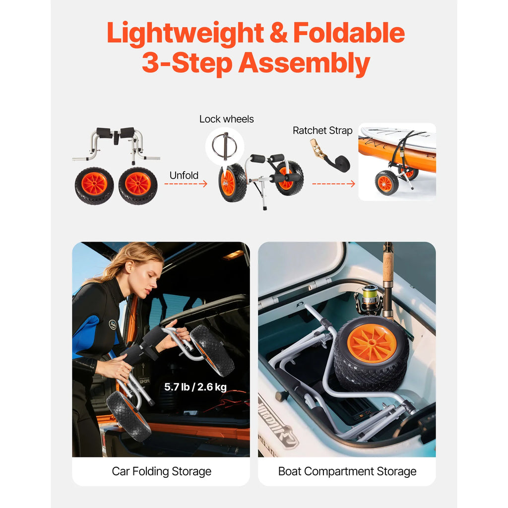 A guide on how to fold and store the kayak cart in a car or boat
