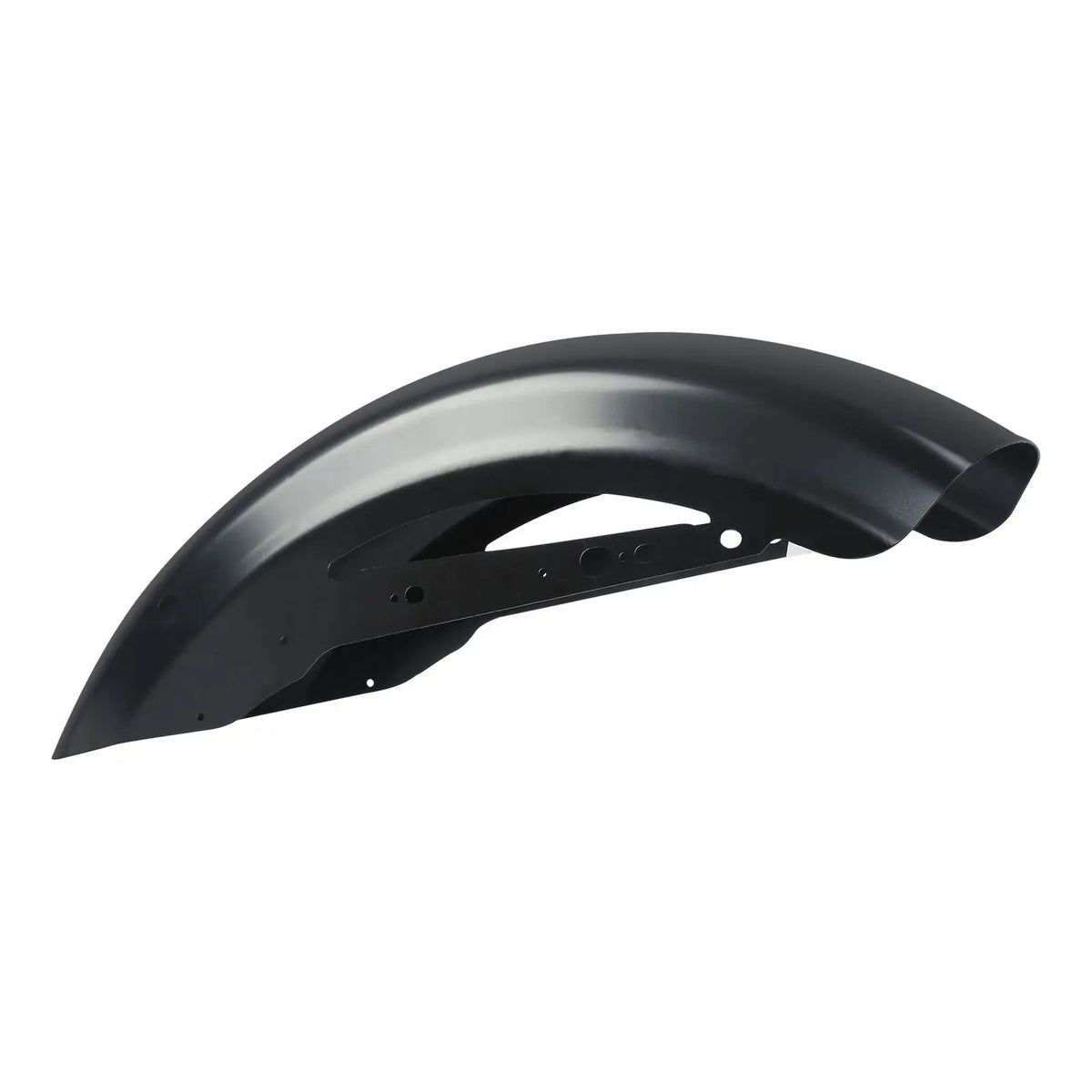 Side view of a matte black metal rear fender for a motorcycle