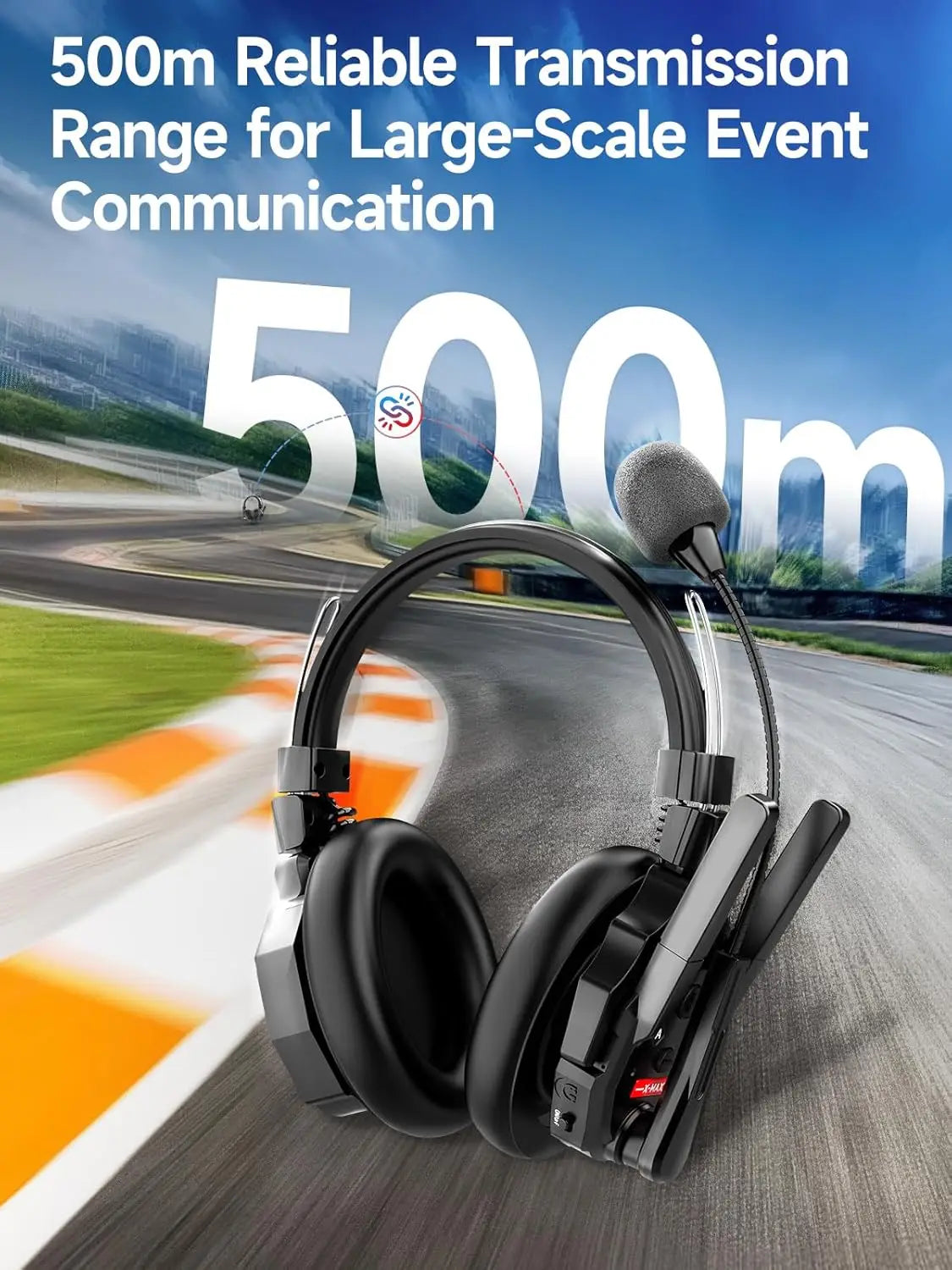 Wireless intercom headset shown against a race track background, emphasizing long range