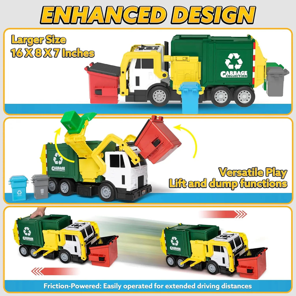 Demonstration of a toy garbage truck features including dumping, loading, and friction powered movement