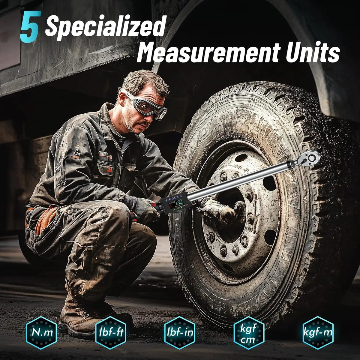 Mechanic using a digital torque wrench on a truck tire