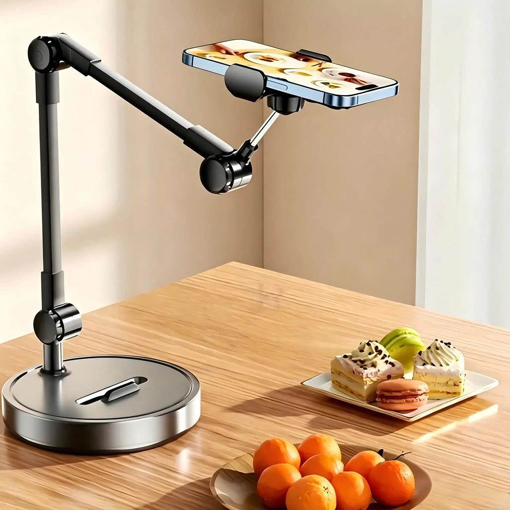 Adjustable multi-angle black metal desk phone stand holding a smartphone in horizontal position