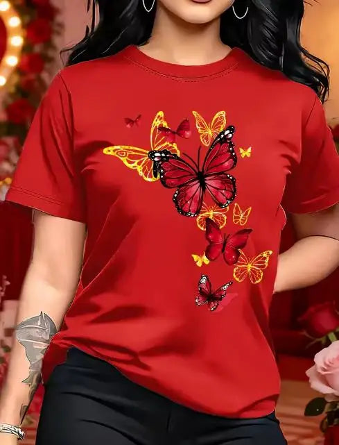 Purple Butterfly Print T-Shirt with Golden Design, 100% Cotton – red