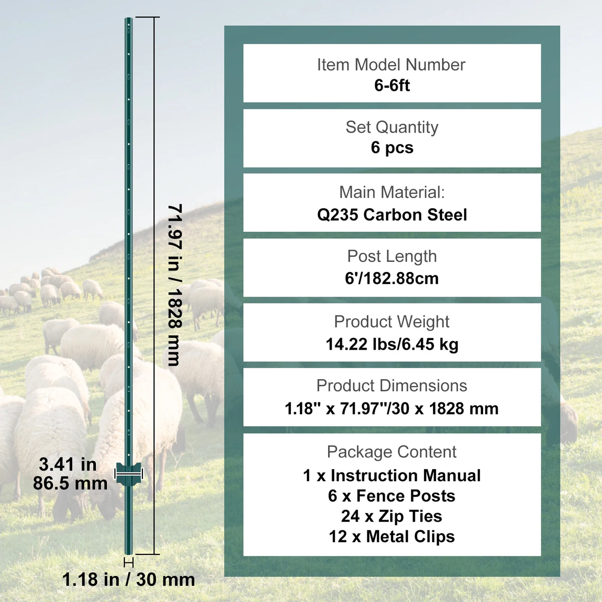 SucceBuy 6' Q235 Carbon Steel T-Post Fence Stakes, 6-Pack – 6pcs 6inch