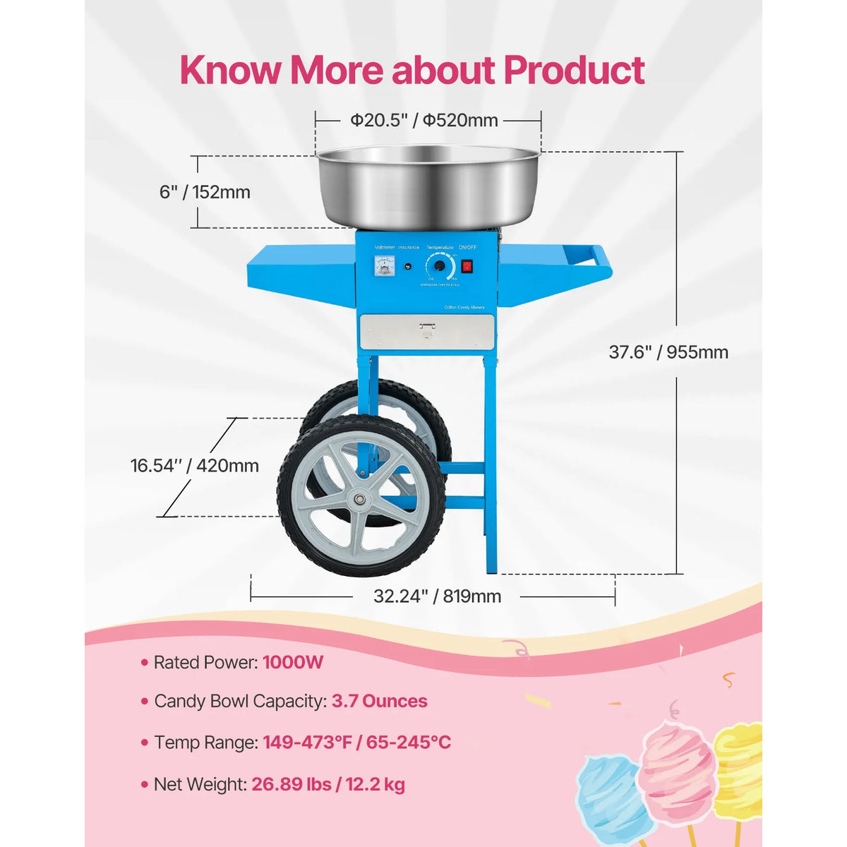 Electric Cotton Candy Machine with Cart, 1000W, 20.5-inch Stainless Bowl – Purple