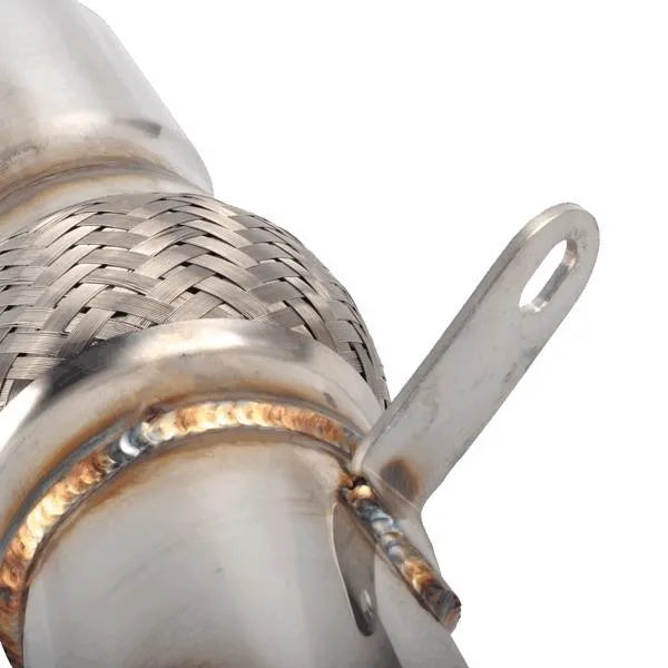 Close-up of a mounting bracket on a stainless steel vehicle exhaust pipe