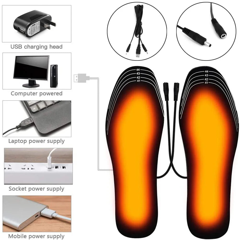 USB heated insoles with various power supply options including wall plug, computer, laptop and power bank