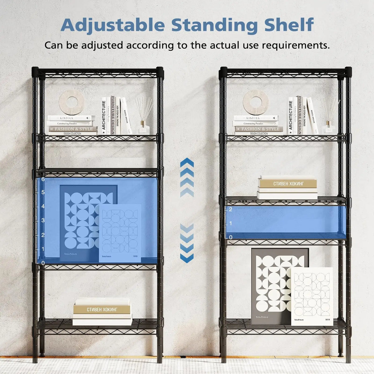 Illustration demonstrating the adjustable shelf height of the metal storage rack by repositioning the shelves.