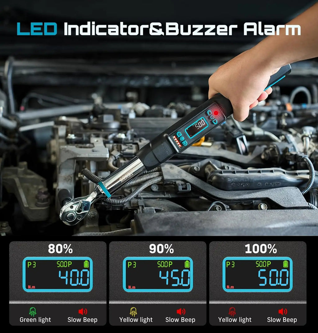 Close up of a digital torque wrench used on an engine, demonstrating the LED indicator and buzzer alarm system.