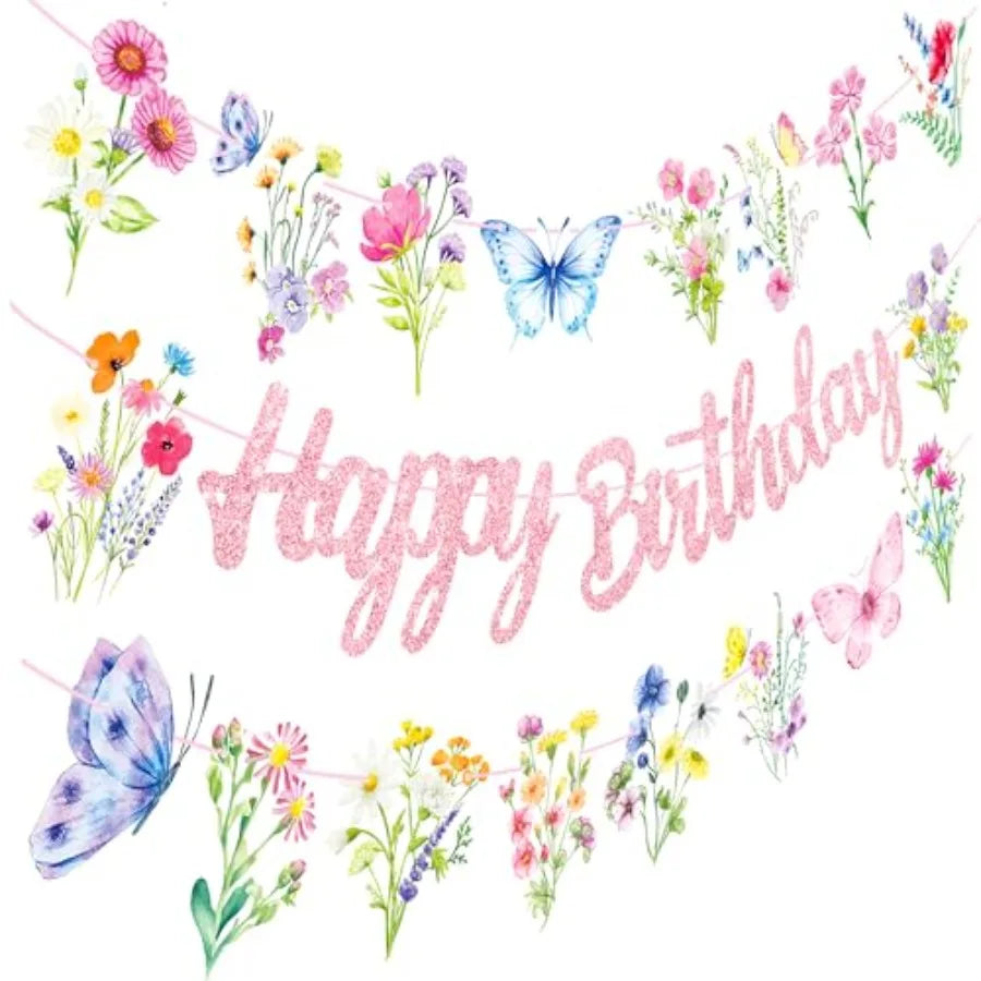 Happy Birthday banner with pink glitter text, butterflies, and wildflower illustrations
