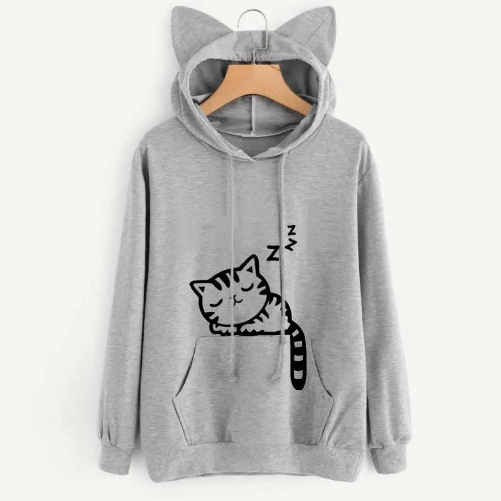 A grey hooded sweatshirt with cat ears on the hood and a sleeping cat print on the front.