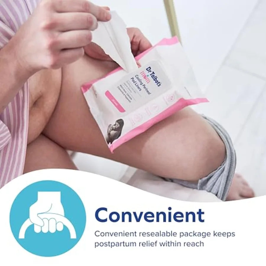 A person opening a pack of cooling perineal pad liners, with overlay text about the convenient resealable package.