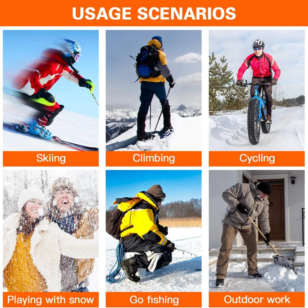 Various outdoor winter activities including skiing, cycling, climbing, fishing and shoveling snow