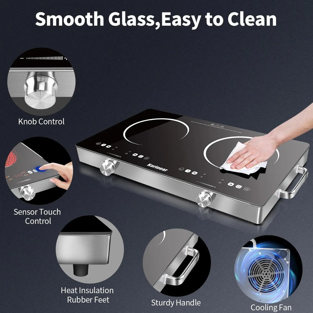 Double burner electric hob features showing knobs, touch control, insulation feet, handles and fan