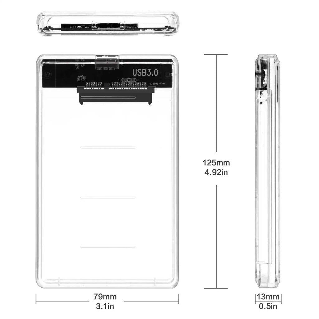 Technical dimensions diagram of a 2.5 inch transparent external hard drive enclosure