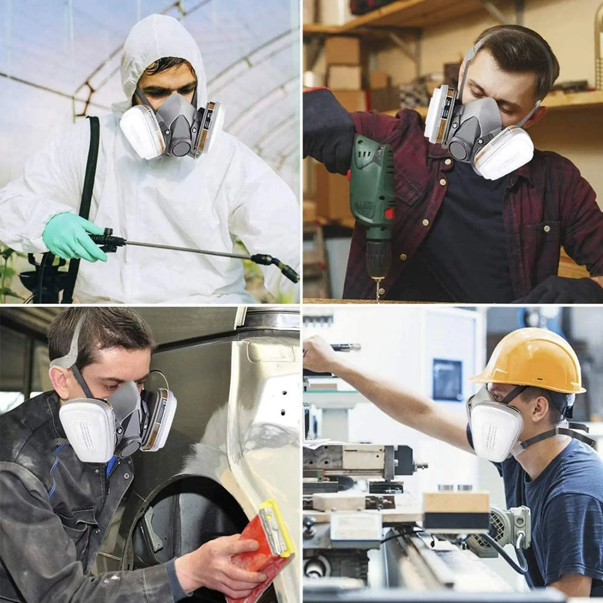 Four split view showing different people using the respirator mask for painting, drilling and industrial work