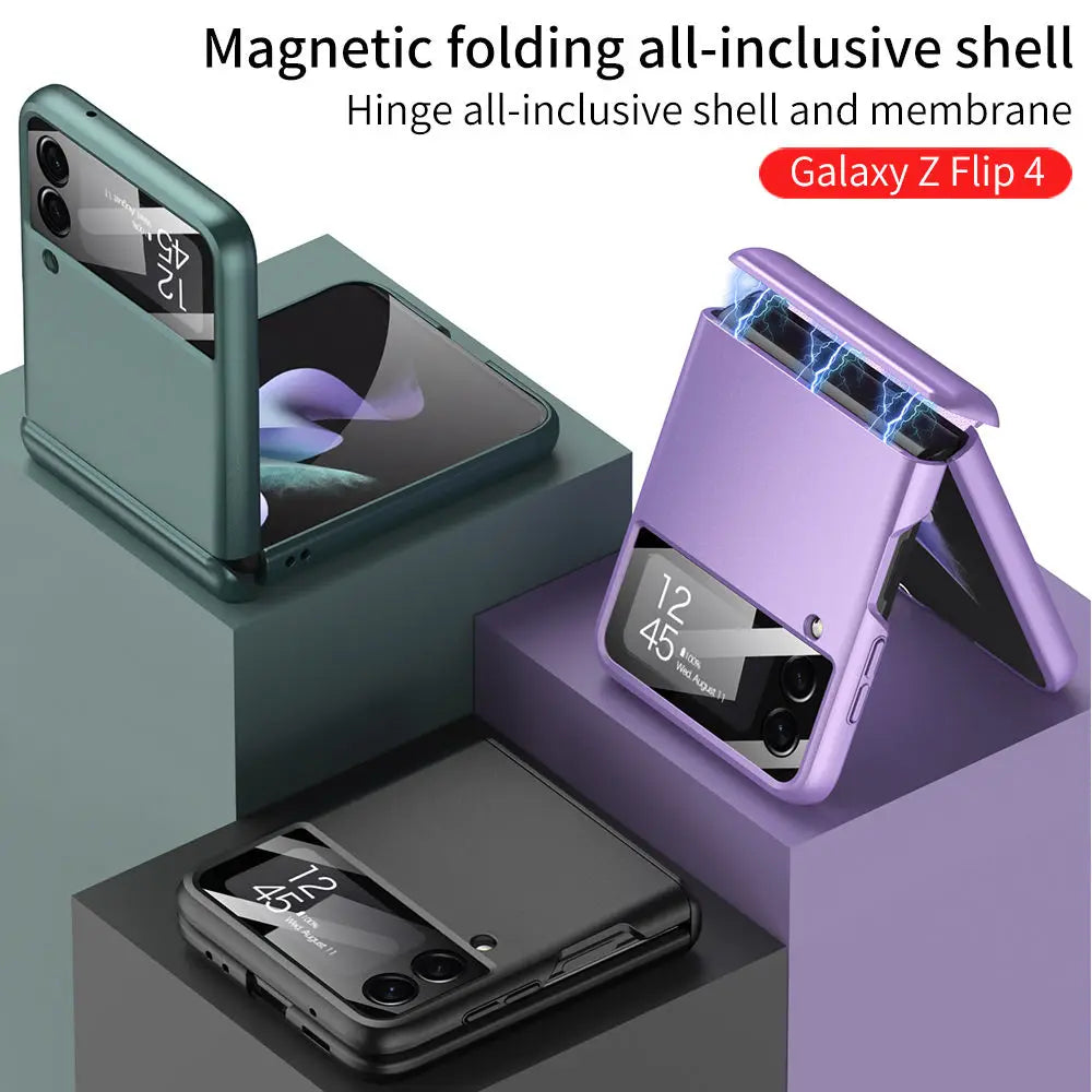 Group of magnetic hinge protective cases for folding smartphones in green, black, and purple colors