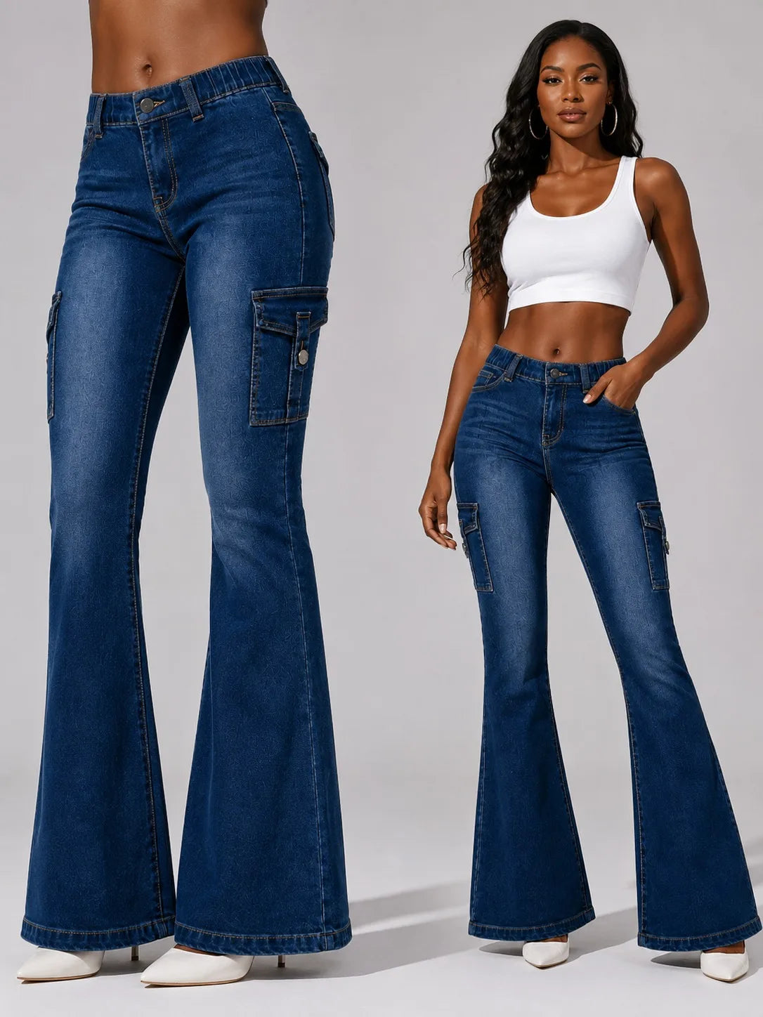 A woman wearing dark wash blue cargo flare jeans with a white tank top.