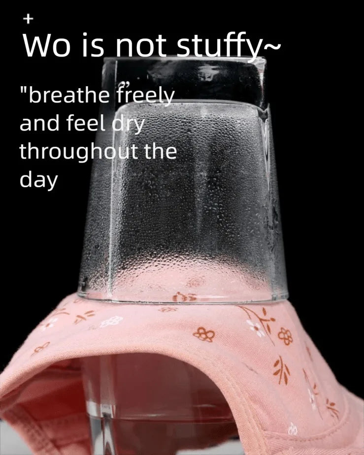 A demonstration of the fabric's breathability using a glass placed on a pink floral bra