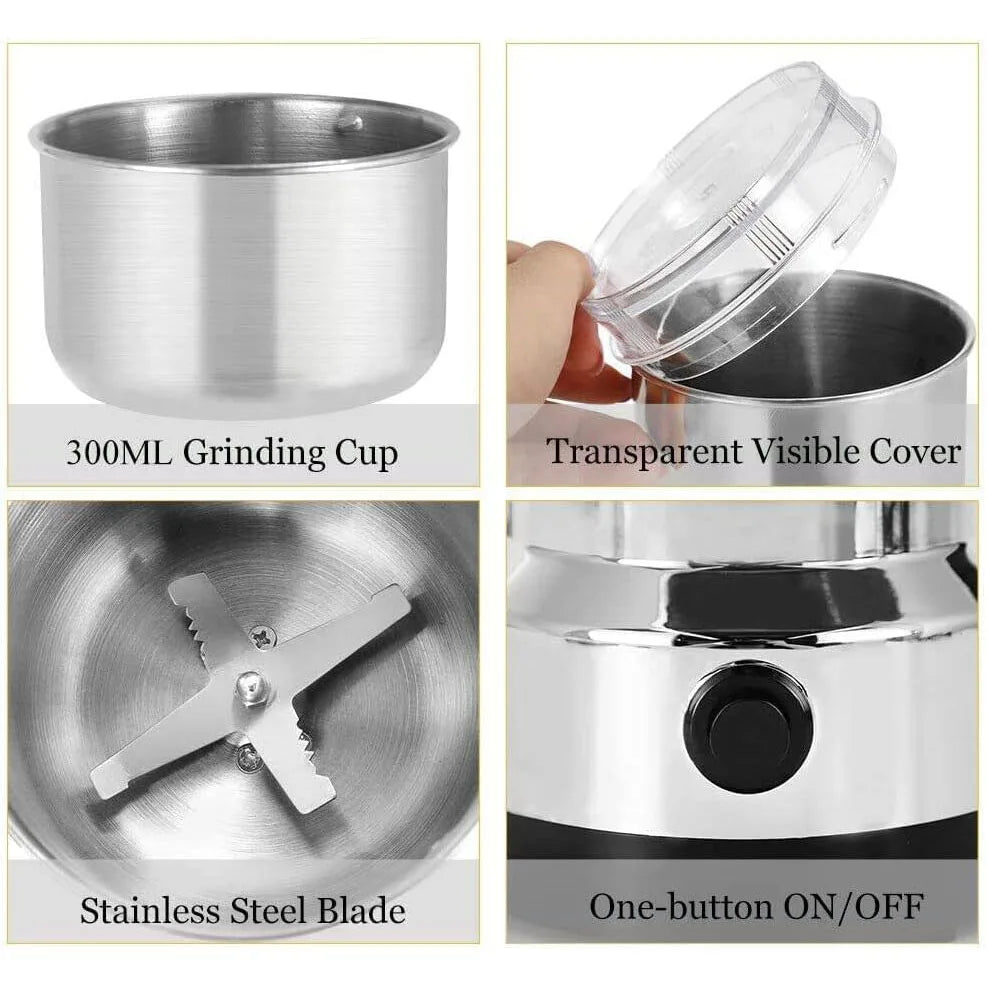 Close-up details of the stainless steel grinding cup, lid, blade, and power button