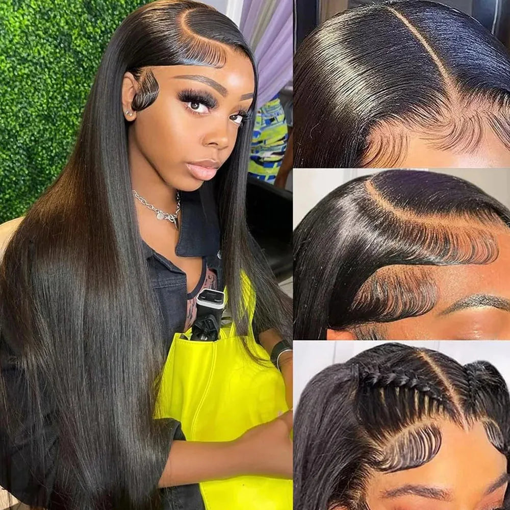 A woman with a long, straight, black lace front wig featuring styled edges and close-up detail of the parting and braids.