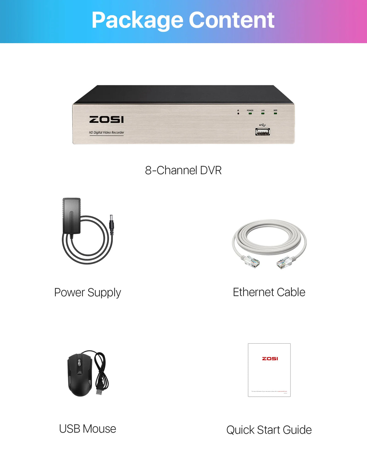 Package contents including an 8-channel DVR, power supply, ethernet cable, USB mouse, and user guide