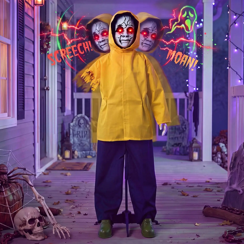 Life-sized Halloween ghost animatronic in a yellow raincoat with red glowing eyes for outdoor decor