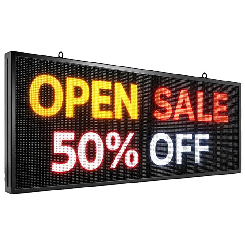 A black rectangular LED sign board displaying bright red and yellow open sale text.