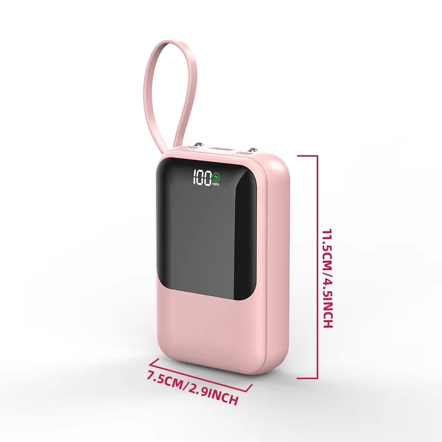 10000mAh Portable Power Bank with Built-in Cables and Wireless Charging – Pink