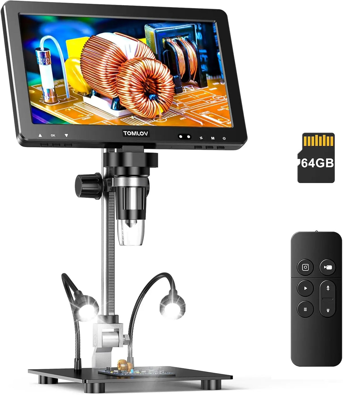 Digital microscope with 10.1-inch screen, stand, two side lights, remote control and memory card