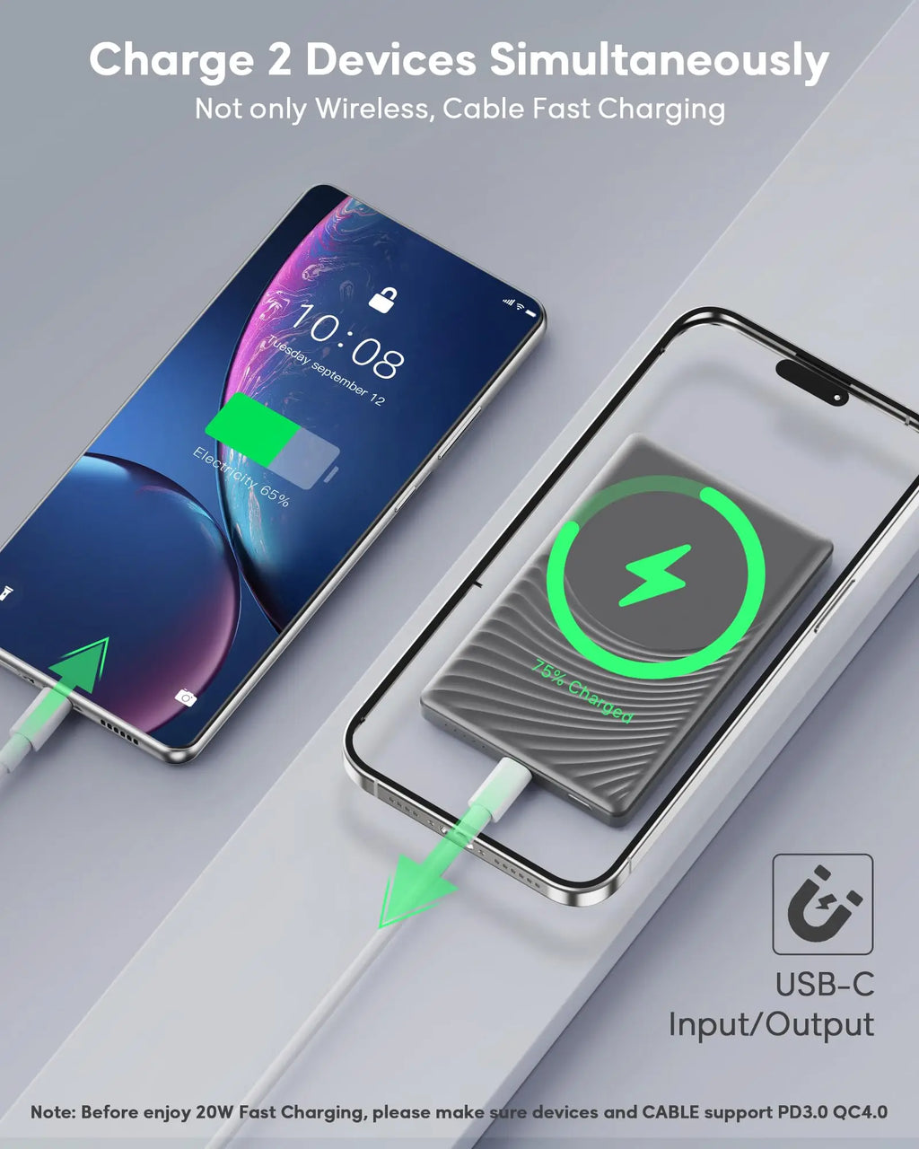 Dual device charging using wireless and cable with a portable magnetic power bank.