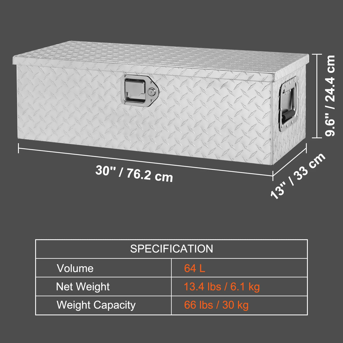 SucceBuy Aluminum Diamond Plate Truck Bed Tool Box with Lock and Keys – 30x13x9.6in Silver