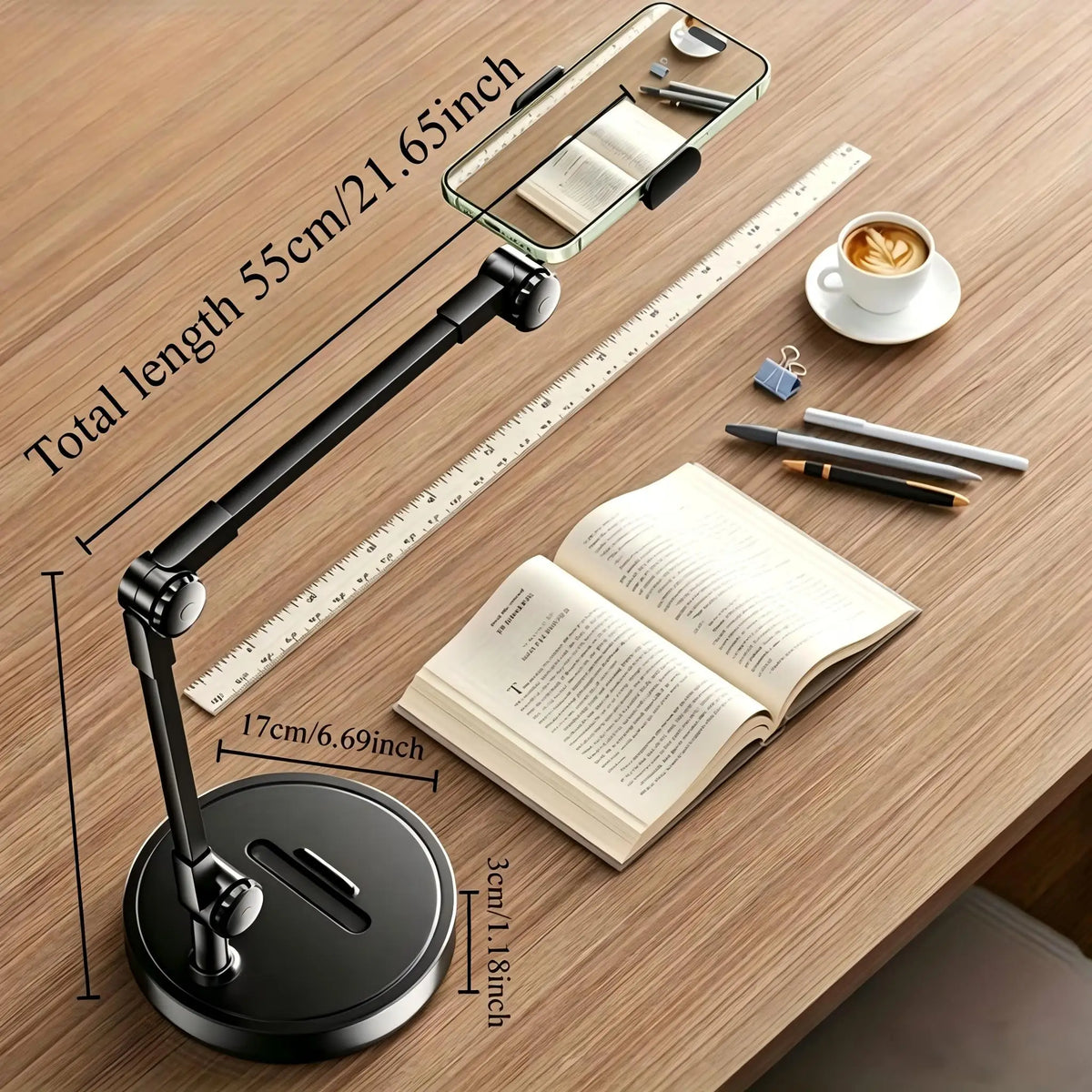 Adjustable black metal desk phone stand with dimensional labels