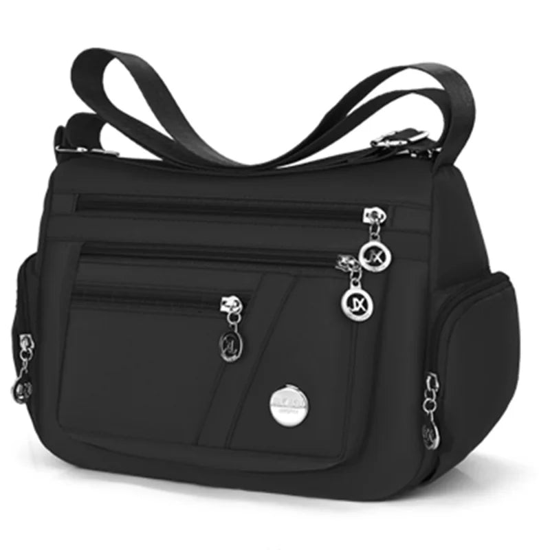 Nylon Oxford Crossbody Hobo Bag with 3 Pockets, 25 x 19 cm – Black