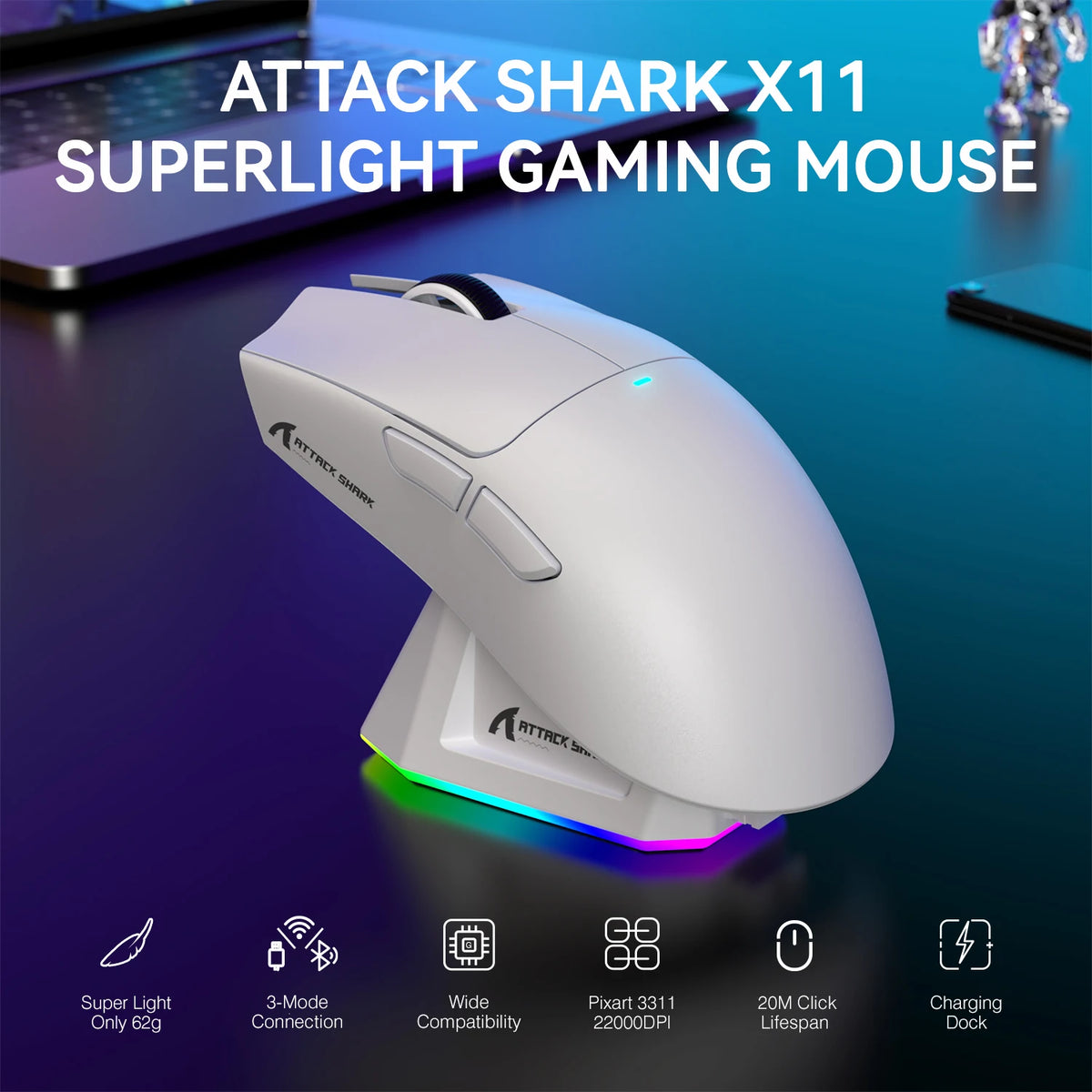 Attack Shark X11 lightweight wireless gaming mouse with RGB lighting and ergonomic design