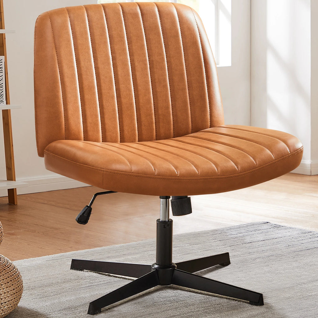 JHK Armless Cross-Legged Desk Chair, 25.2-Inch Wide Swivel Task Chair – Leather Brown