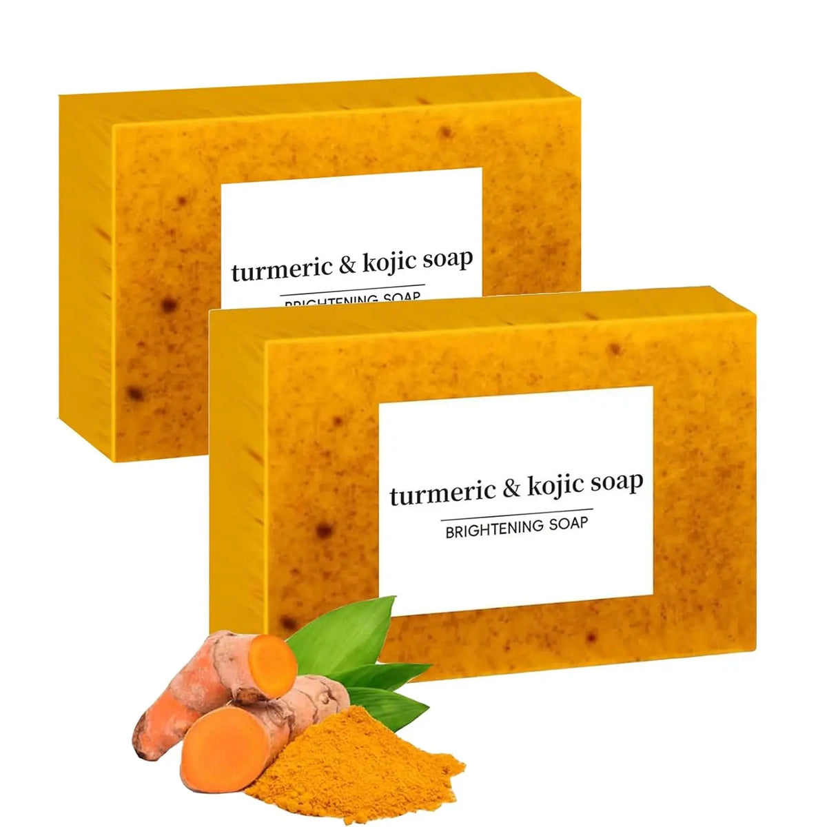 Two bars of turmeric and kojic brightening soap with turmeric root and powder