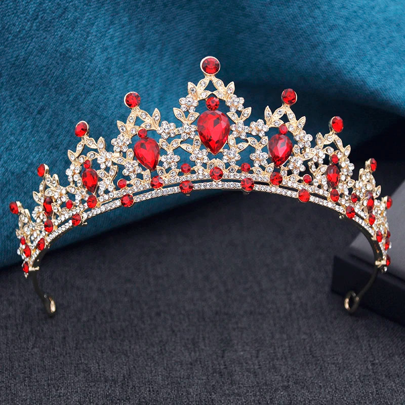Princess Crown Bridal Tiara with Rhinestones, 13.5 cm Diameter – Red