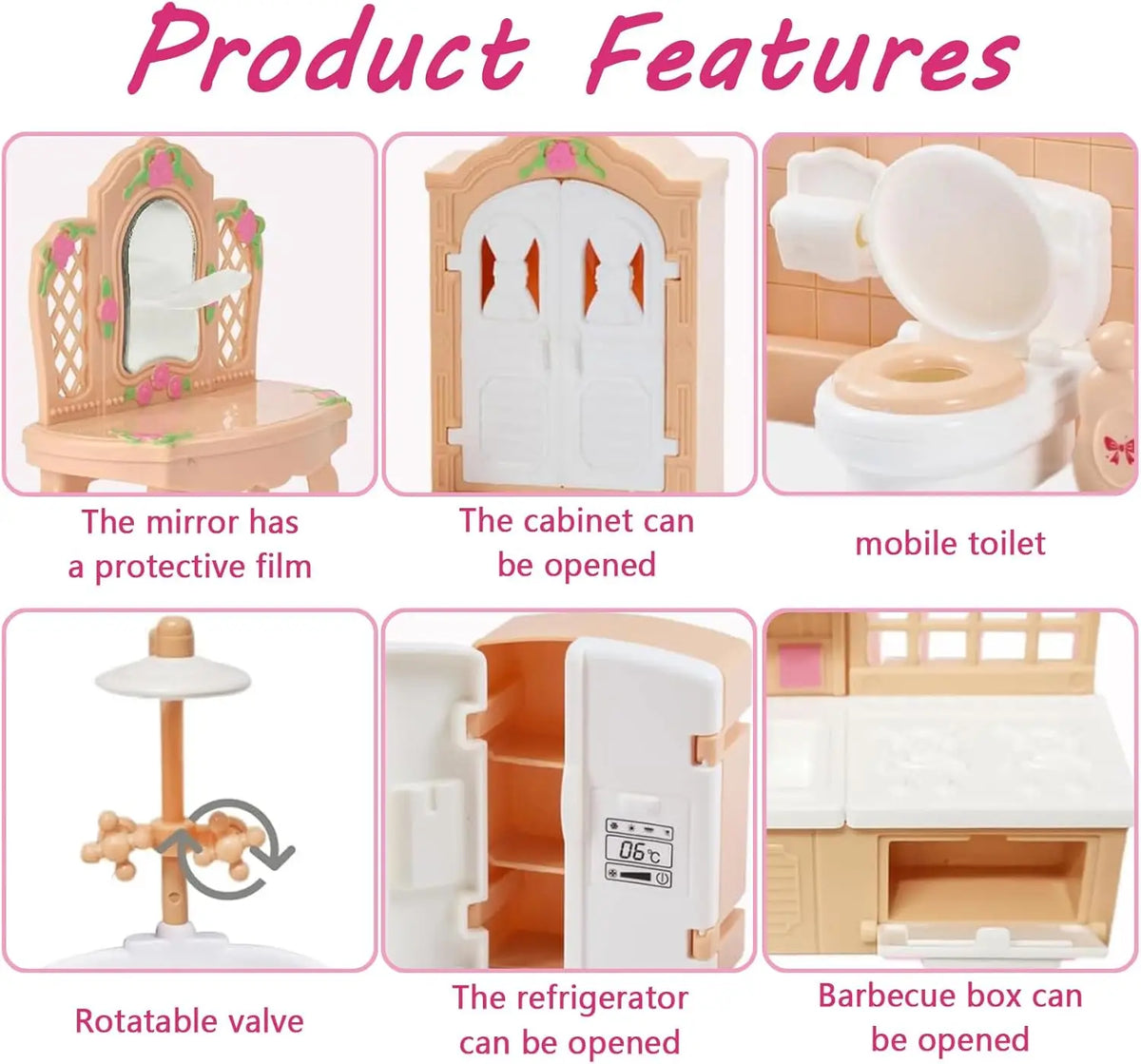 Detailed features of miniature dollhouse furniture including opening cabinets and rotatable valves.