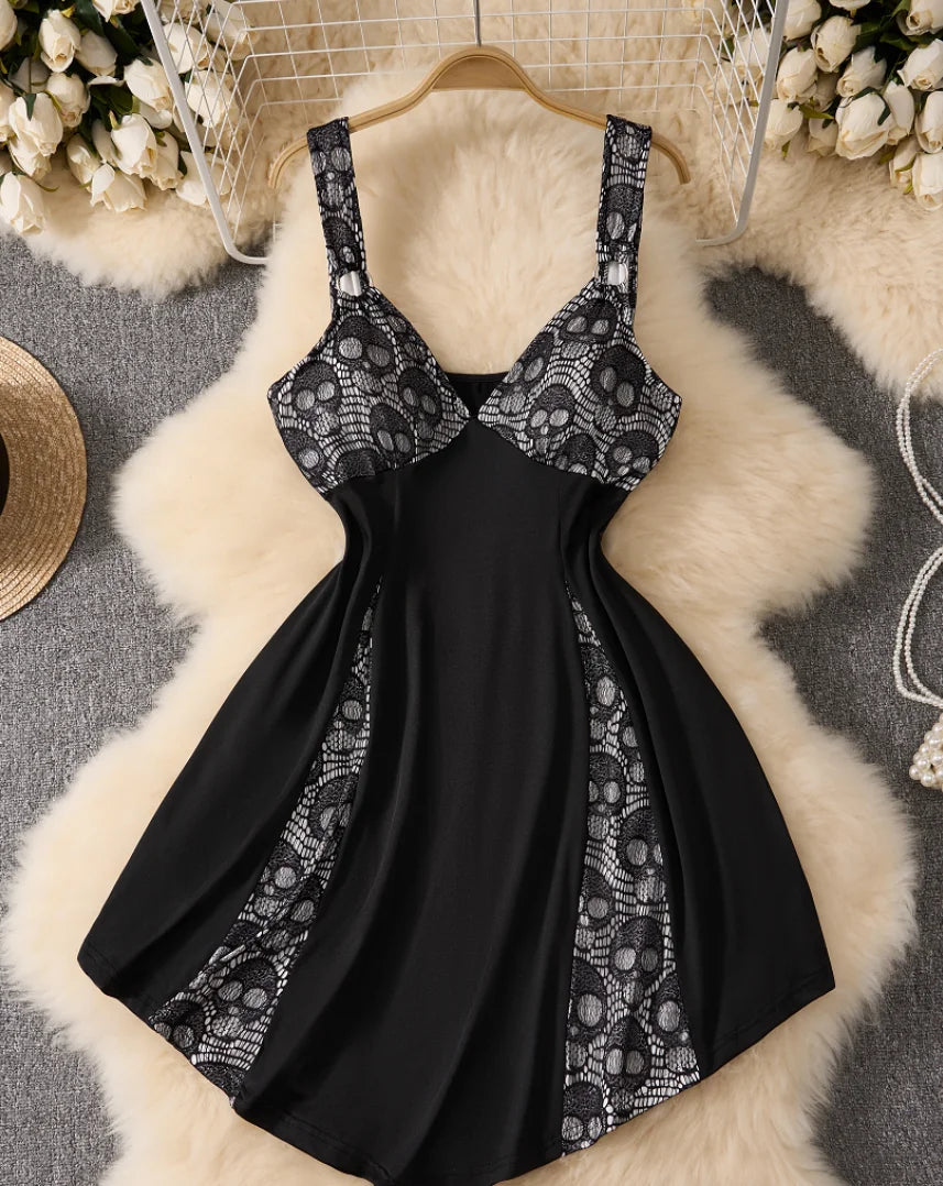 Plus-Size Gothic Punk Strappy Dress with Lace Patchwork – white