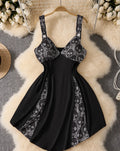 Plus-Size Gothic Punk Strappy Dress with Lace Patchwork – white