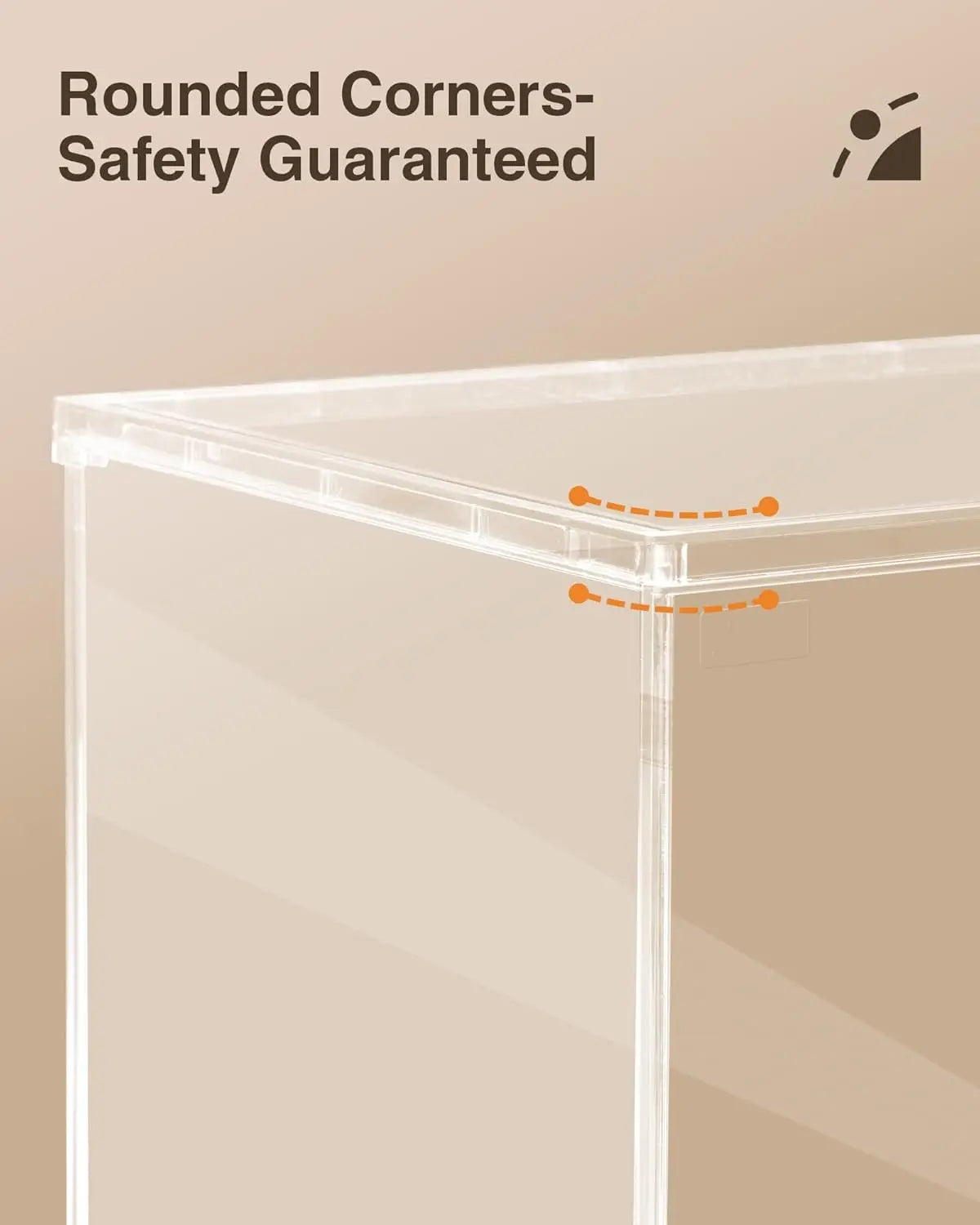Close-up of a clear acrylic display case corner highlighting rounded safety edges