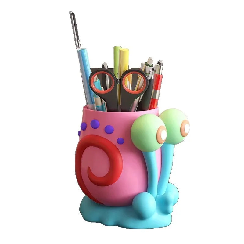 Cartoon snail character pen holder on a white background