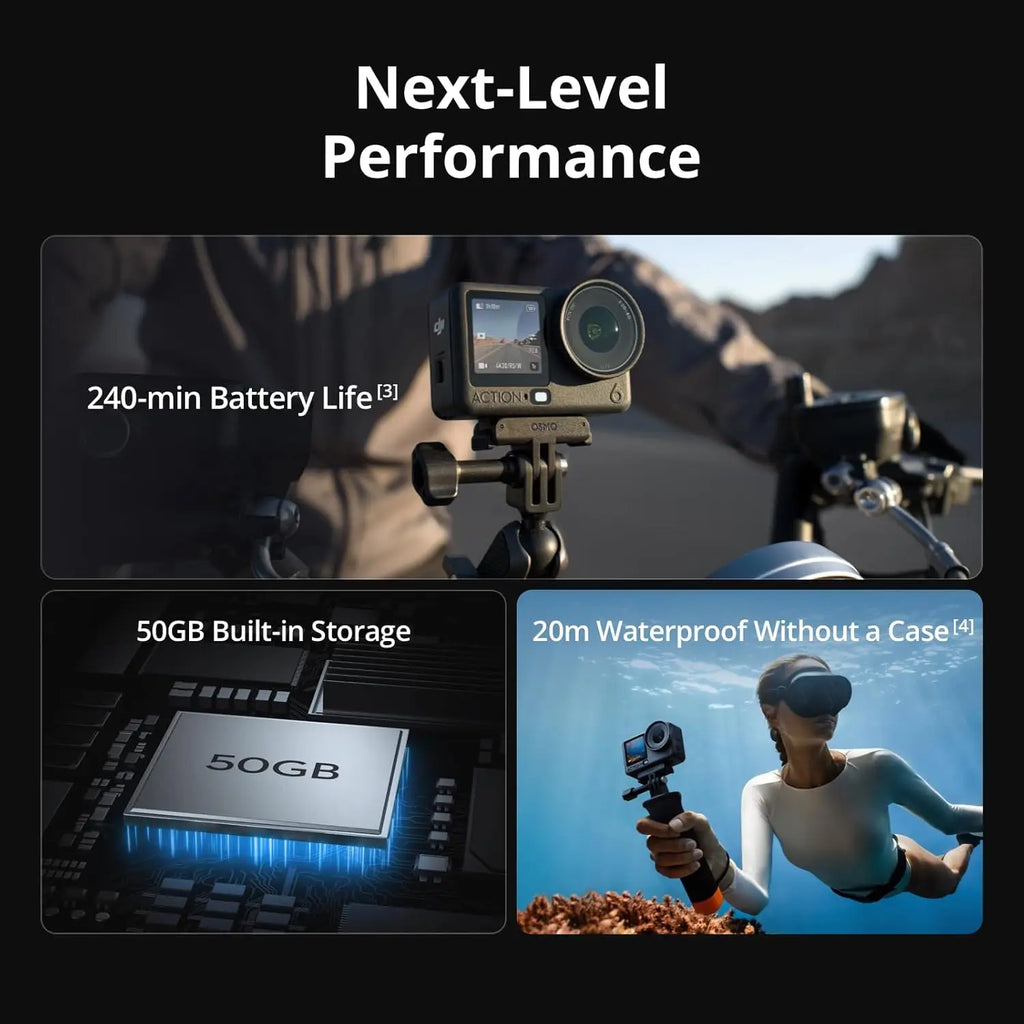 Action camera features showing battery life, internal storage capacity, and waterproof design