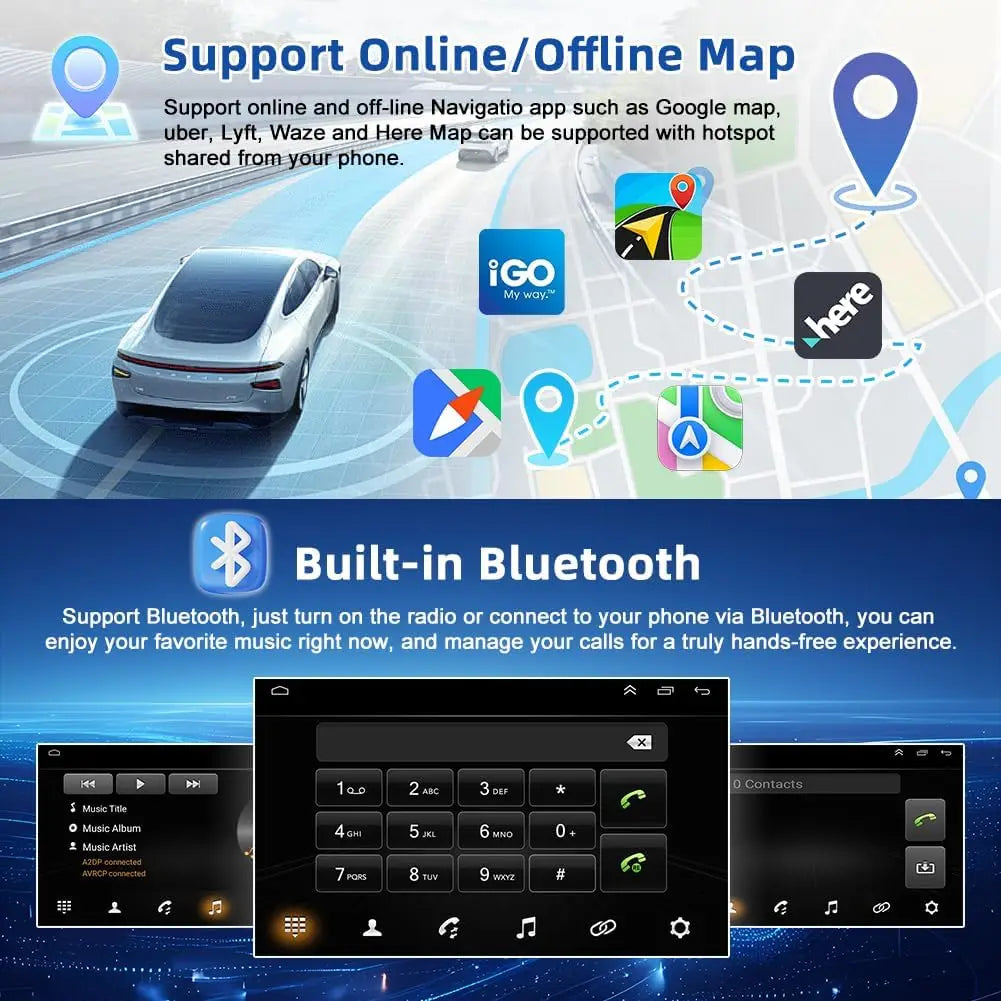 Car navigation system with online and offline map support and built-in Bluetooth calling functionality