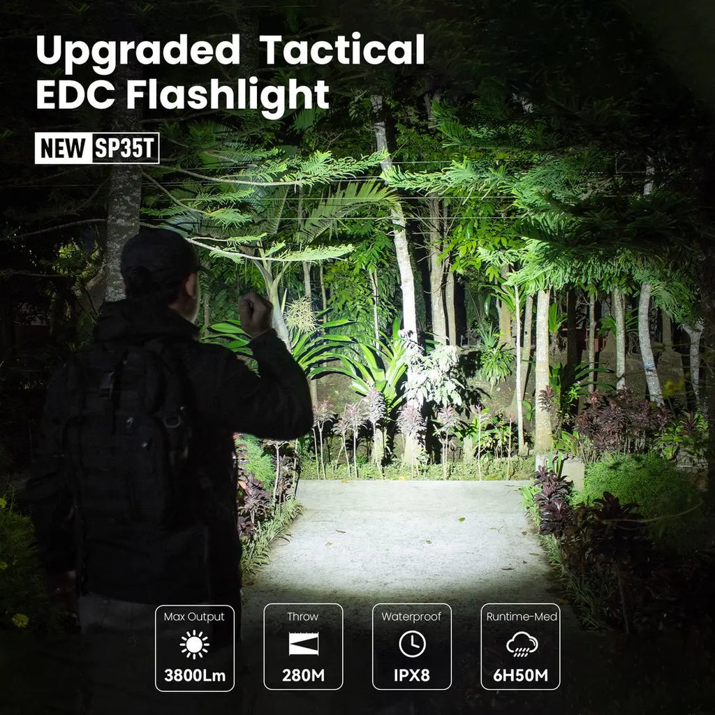 Night time view of person using a powerful tactical LED flashlight in a forest path