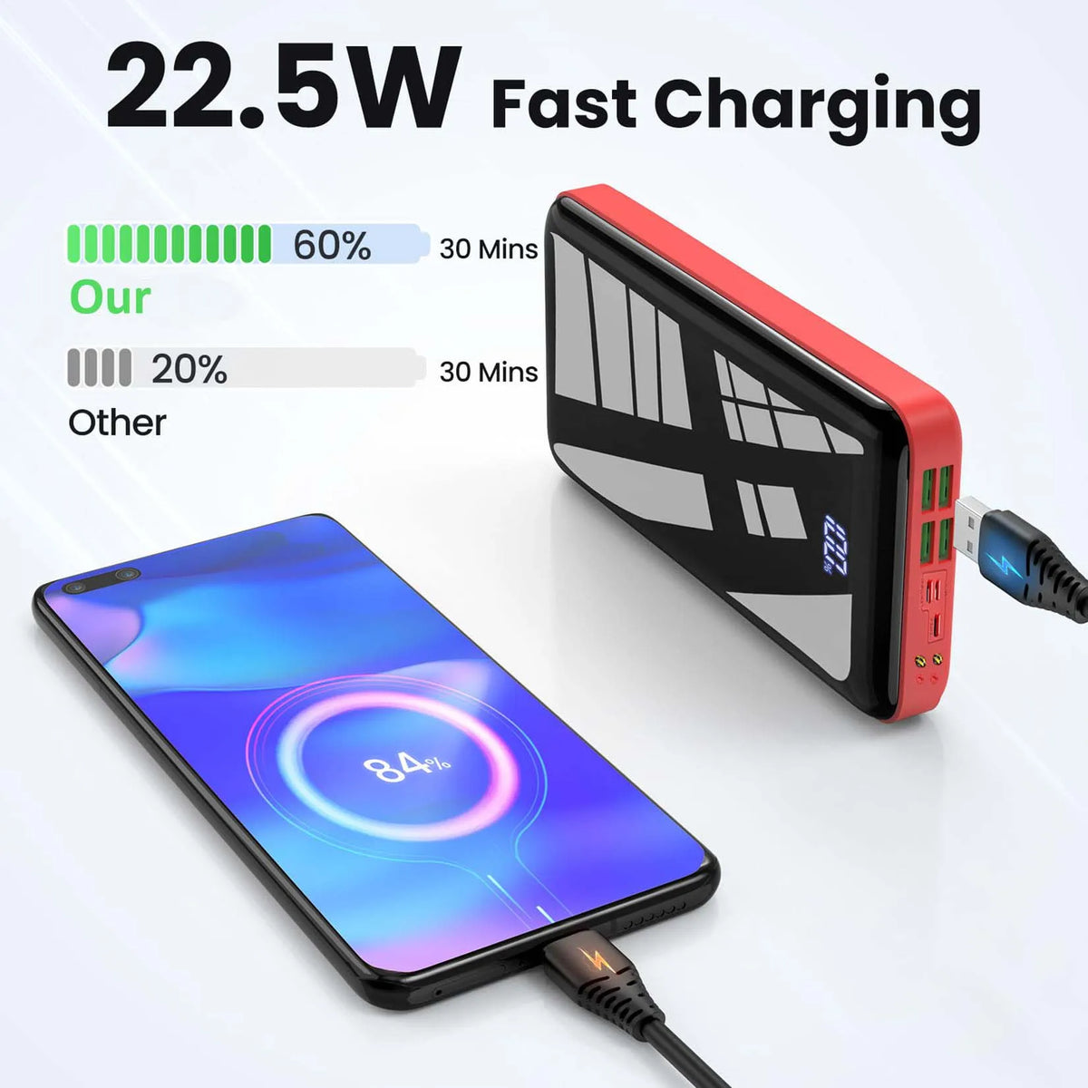 A black and red portable power bank charging a smartphone with fast charging text overlay